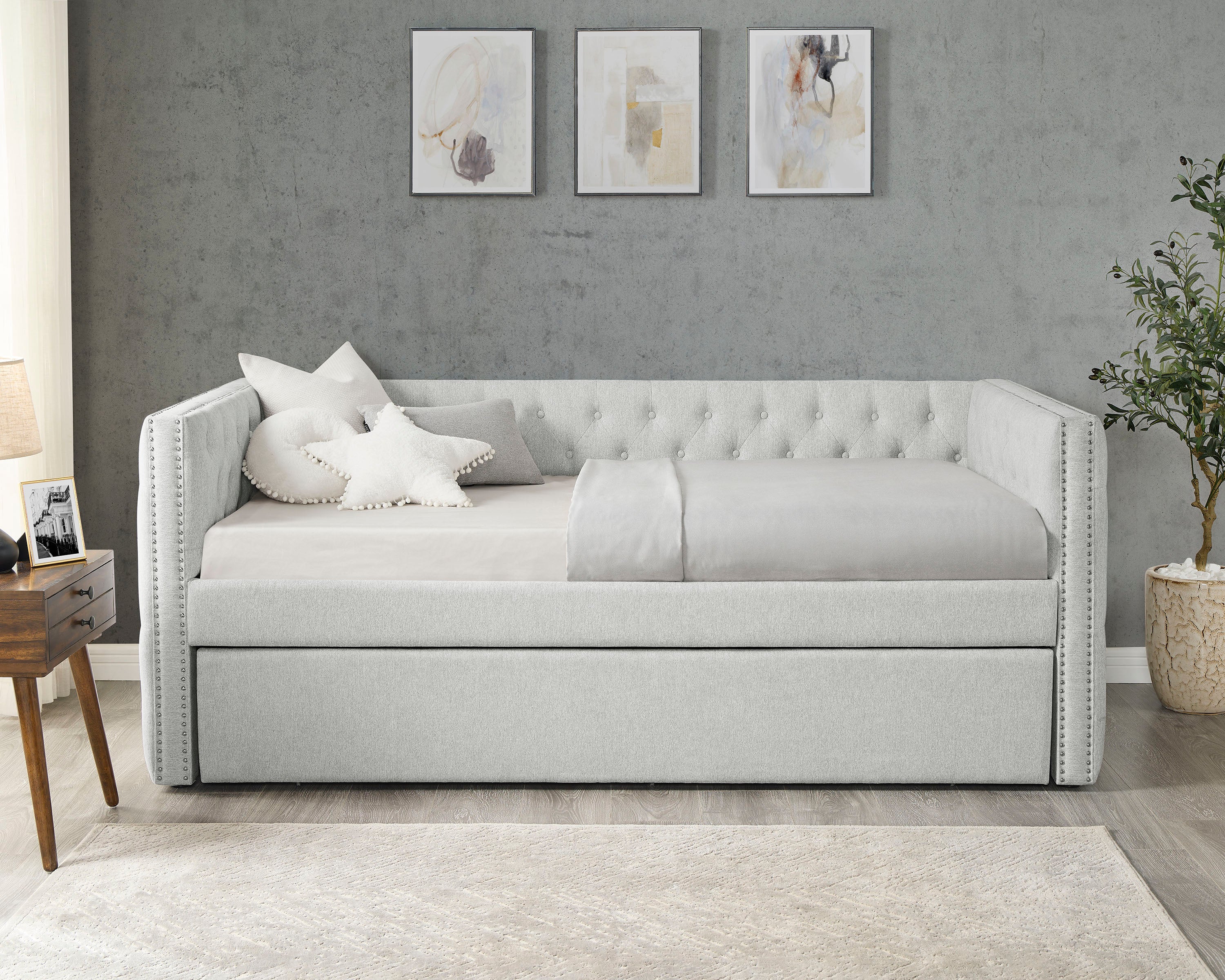 5335-DV Trina dove grey fabric upholstered nail head trim twin day bed with trundle