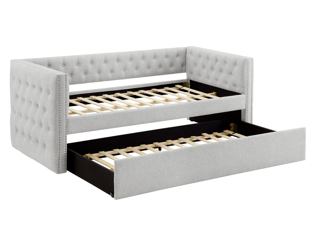 5335-DV Trina dove grey fabric upholstered nail head trim twin day bed with trundle
