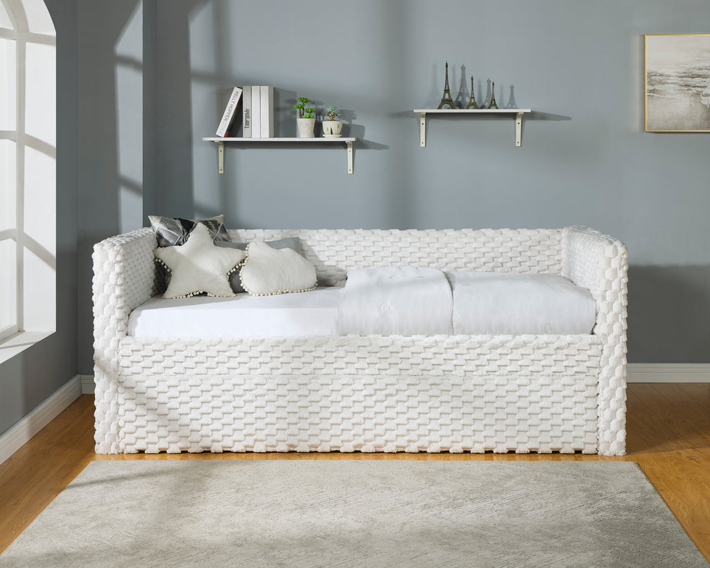 5336-WH Molly white dove textured fabric upholstered twin day bed with trundle