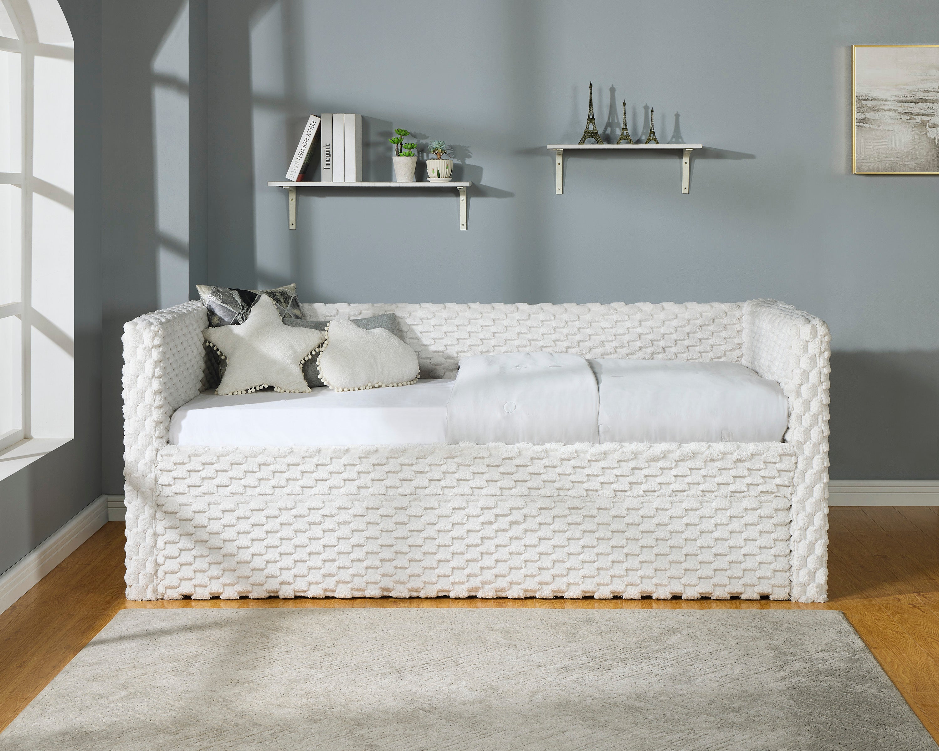 5336-WH Molly white dove textured fabric upholstered twin day bed with trundle
