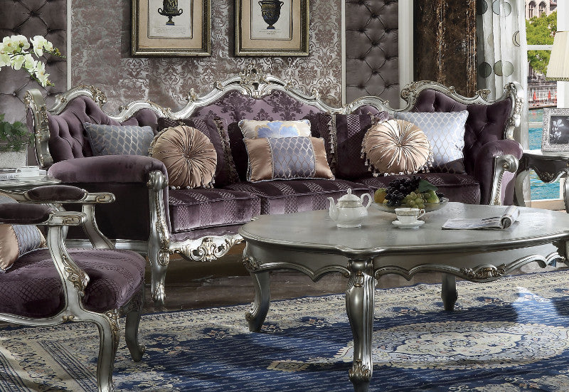 Acme 53465 Astoria grand Picardy antique platinum finish wood velvet tufted back sofa