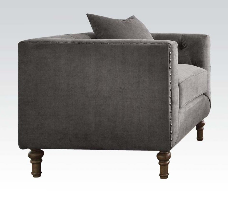 Acme 53582 Gracie oaks malone sidonia gray velvet tufted backs feather down pillows accent chair