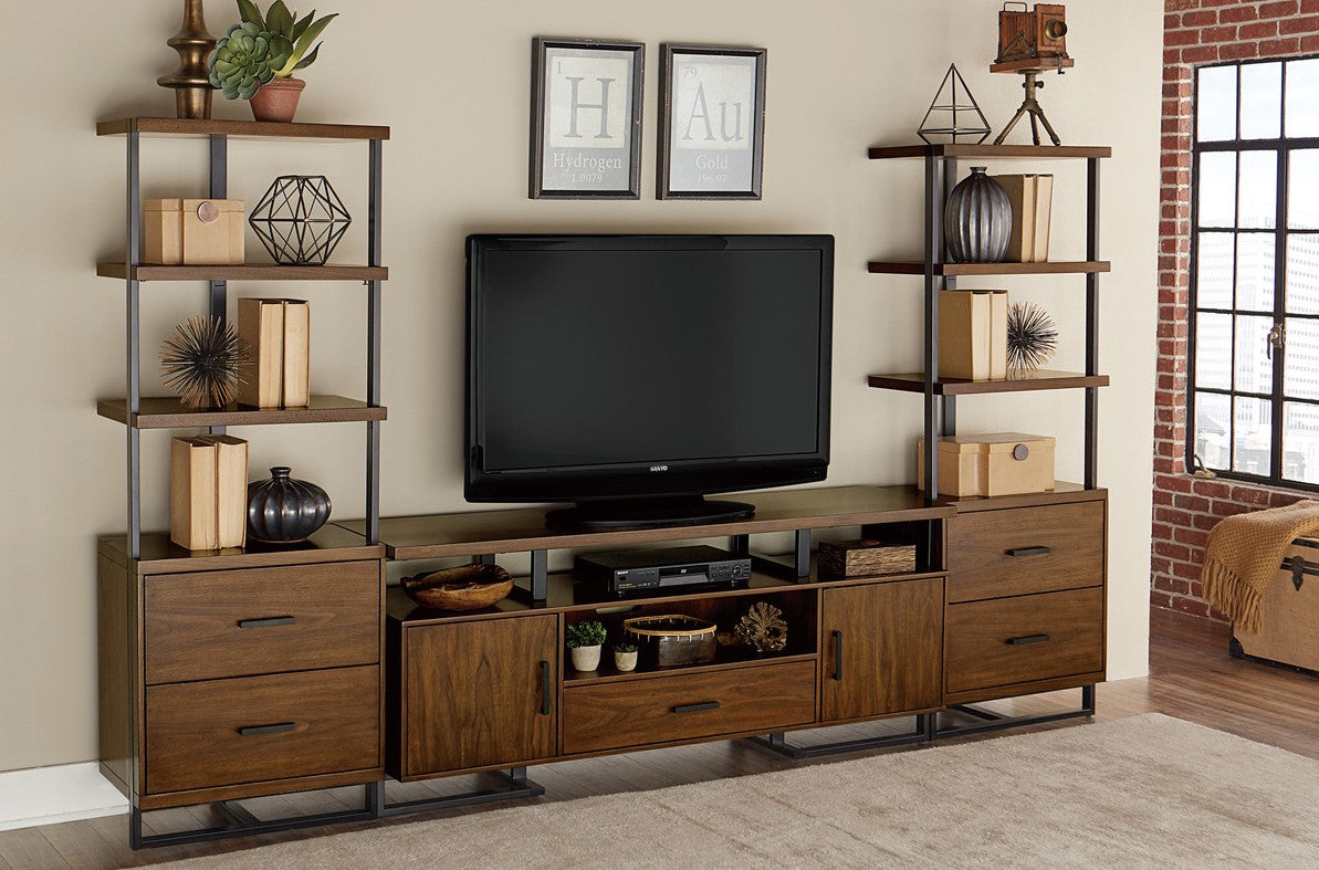 Homelegance 54150RF-68-3PC 3 pc Sedley rustic black metal frame walnut finish wood shelves tv entertainment center 68" tv stand with side piers