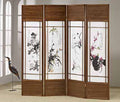 4-Panel Walnut Wood Shoji Screen Room Divider with Floral Japanese Paintings – 5453