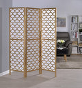 Maryanne 3-Panel Gold Wood Oval Design Shoji Screen Room Divider with Faux Rice Paper Inlay – 5460-3