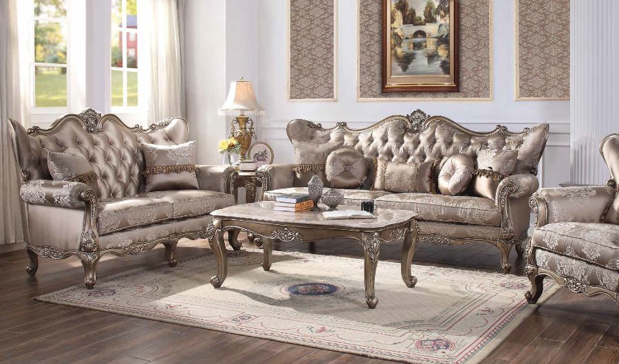 Acme 54865-66 2 pc Astoria grand welton jayceon champagne finish wood fabric sofa and love seat set