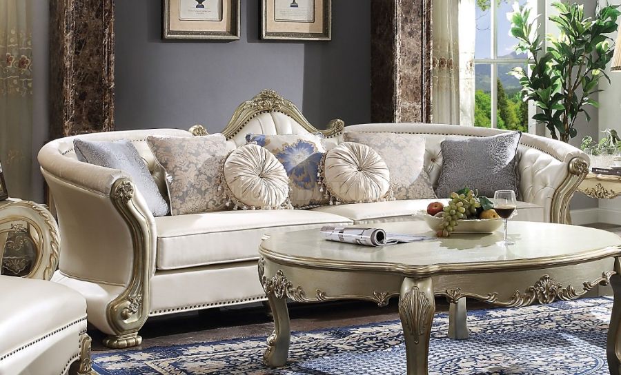 Acme 54875 Astoria Grand makenzie dresden II gold patina finish wood carved accents 113" sofa