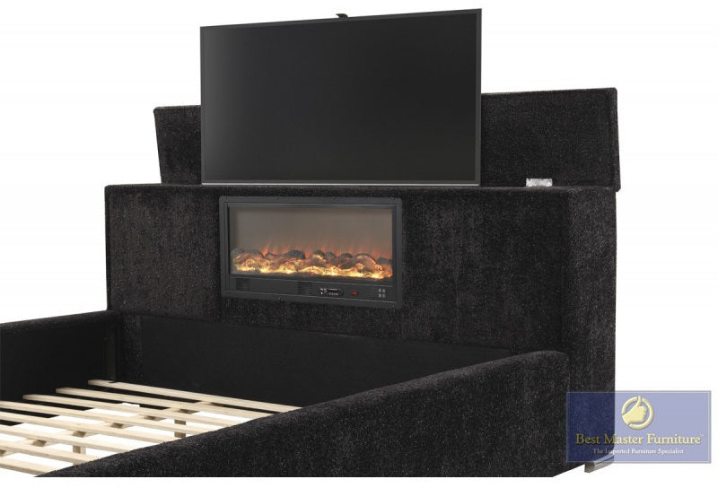 Best Master Lumora Black Tufted Fabric Queen Bed with TV Lift, Fireplace & LED Headboard – YY141