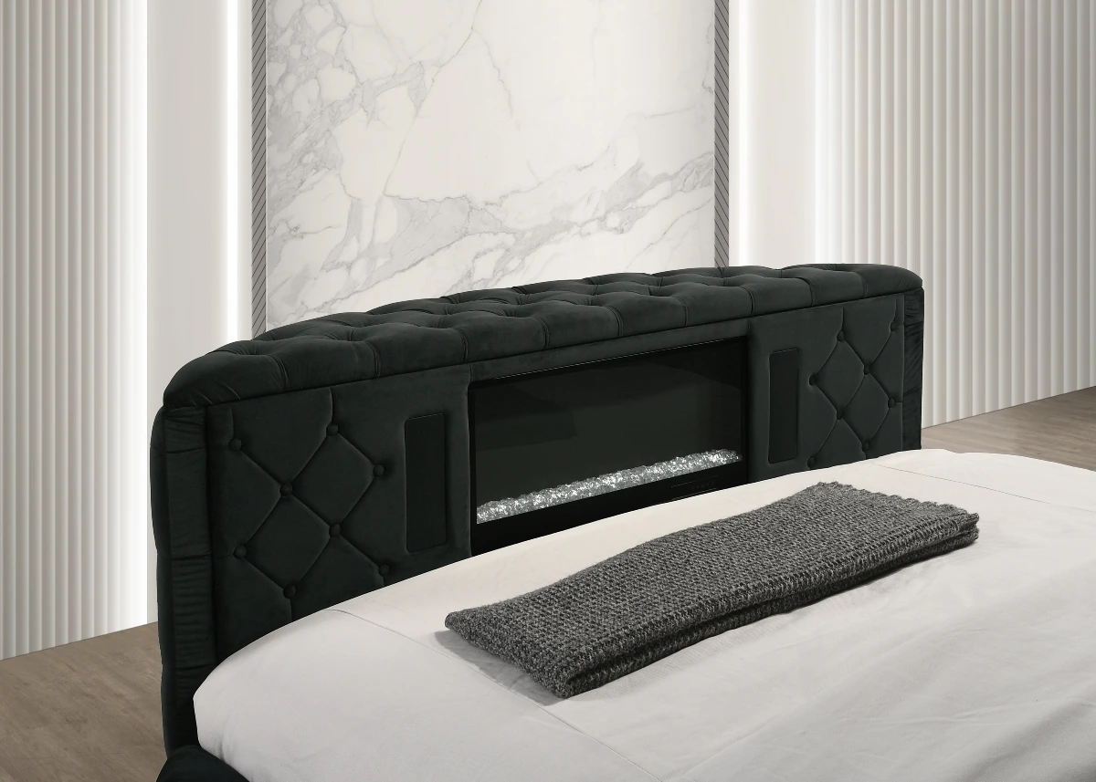 Crown Mark 5212BK Voltare black velvet fabric tufted round queen storage bed with TV lift and built in LED Fireplace