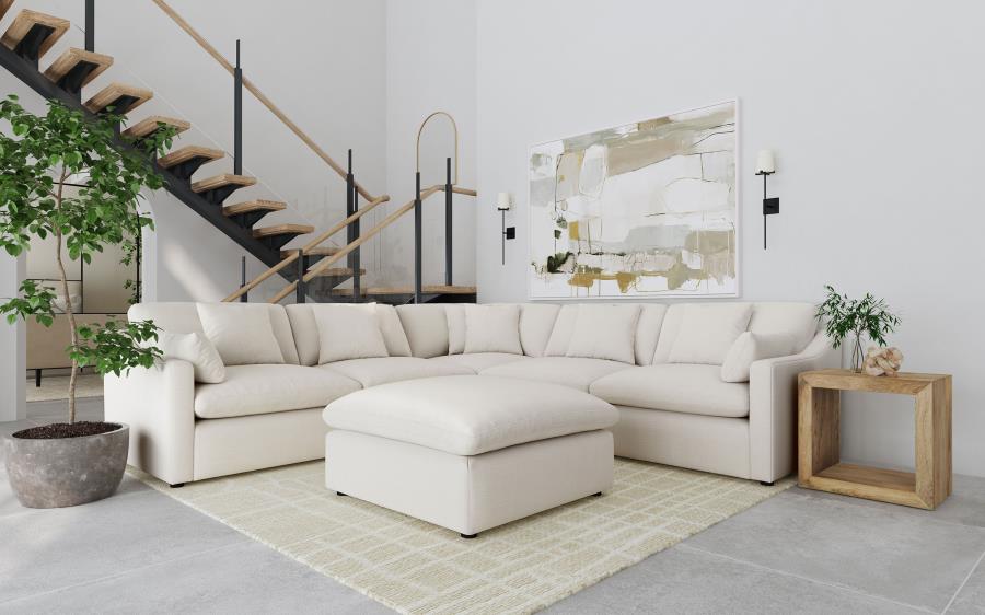 Coaster 551451 6 pc Hobson off white linen like fabric modular feather blend wrap sectional sofa