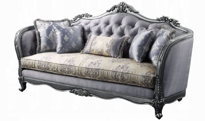 Acme 55345-46 2 pc Ariadne platinum finish wood damask printed fabric sofa and love seat set ornate accents tufted backs