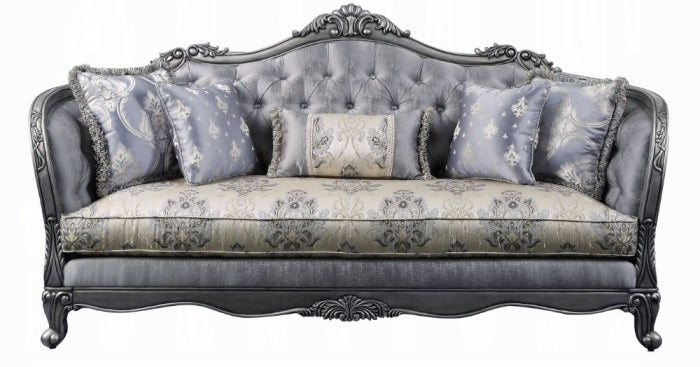 Acme 55345-46 2 pc Ariadne platinum finish wood damask printed fabric sofa and love seat set ornate accents tufted backs