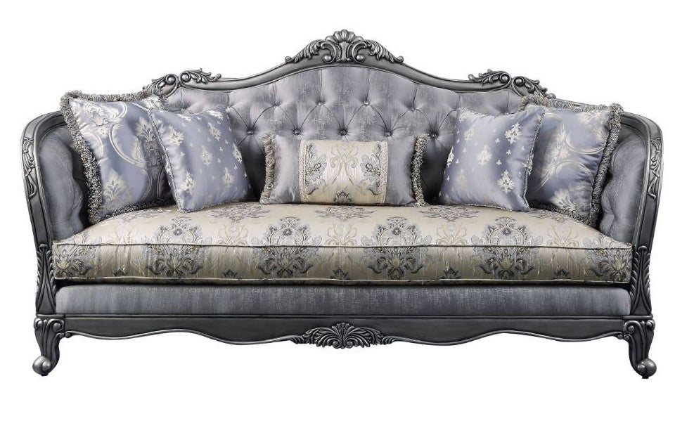 Acme 55345 Astoria grand welton ariadne platinum finish wood fabric sofa ornate accents tufted backs