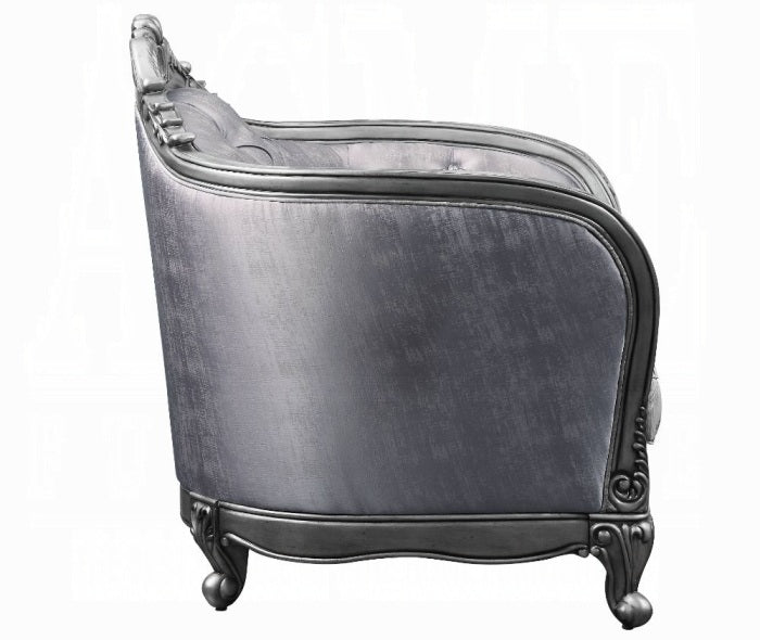 Acme 55345-46 2 pc Ariadne platinum finish wood damask printed fabric sofa and love seat set ornate accents tufted backs