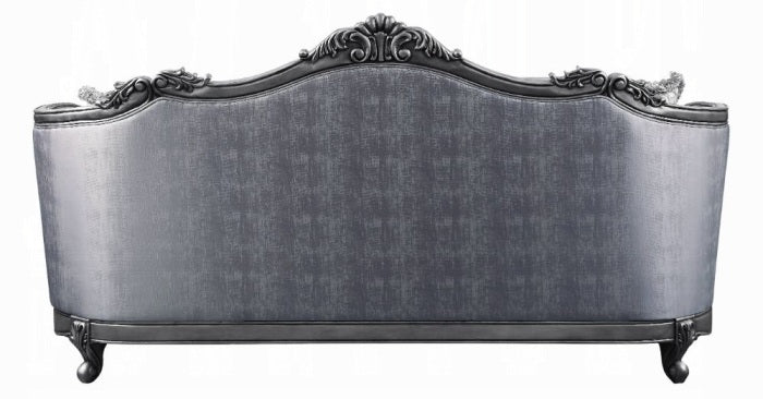 Acme 55345-46 2 pc Ariadne platinum finish wood damask printed fabric sofa and love seat set ornate accents tufted backs