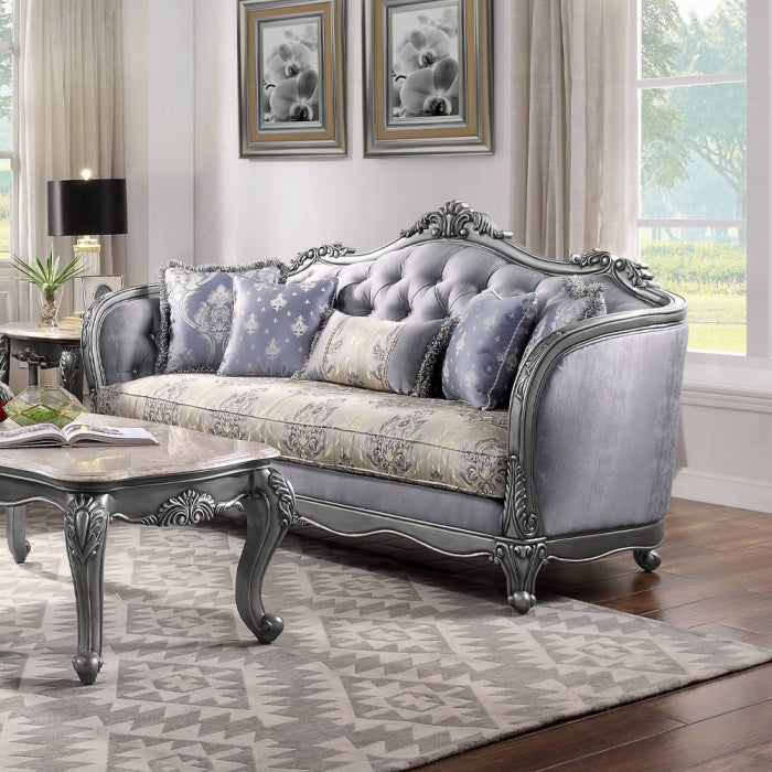 Acme 55345-46 2 pc Ariadne platinum finish wood damask printed fabric sofa and love seat set ornate accents tufted backs