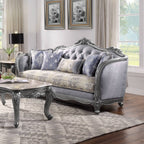 Acme 55345-46 2 pc Ariadne platinum finish wood damask printed fabric sofa and love seat set ornate accents tufted backs