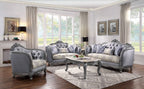 Acme 55345-46 2 pc Ariadne platinum finish wood damask printed fabric sofa and love seat set ornate accents tufted backs
