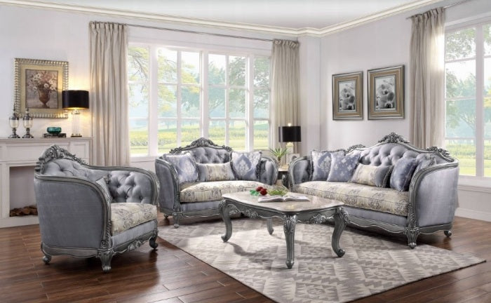 Acme 55345-46 2 pc Ariadne platinum finish wood damask printed fabric sofa and love seat set ornate accents tufted backs