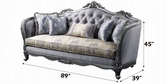 Acme 55345-46 2 pc Ariadne platinum finish wood damask printed fabric sofa and love seat set ornate accents tufted backs