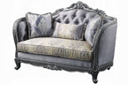 Acme 55345-46 2 pc Ariadne platinum finish wood damask printed fabric sofa and love seat set ornate accents tufted backs