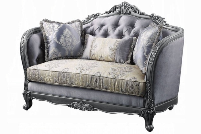 Acme 55345-46 2 pc Ariadne platinum finish wood damask printed fabric sofa and love seat set ornate accents tufted backs