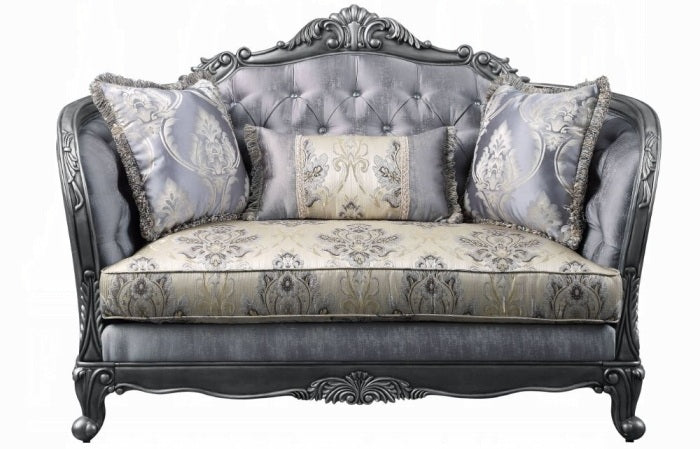 Acme 55345-46 2 pc Ariadne platinum finish wood damask printed fabric sofa and love seat set ornate accents tufted backs