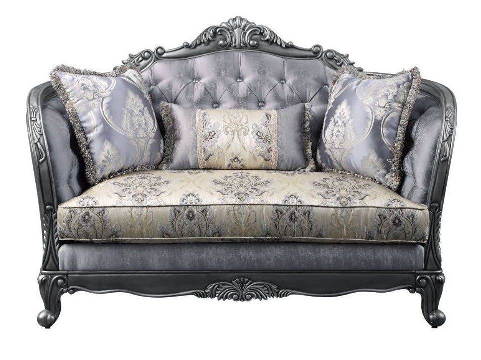 Acme 55346 Astoria grand welton ariadne platinum finish wood fabric love seat ornate accents tufted backs