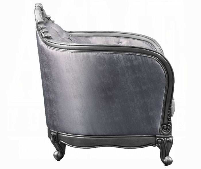 Acme 55345-46 2 pc Ariadne platinum finish wood damask printed fabric sofa and love seat set ornate accents tufted backs