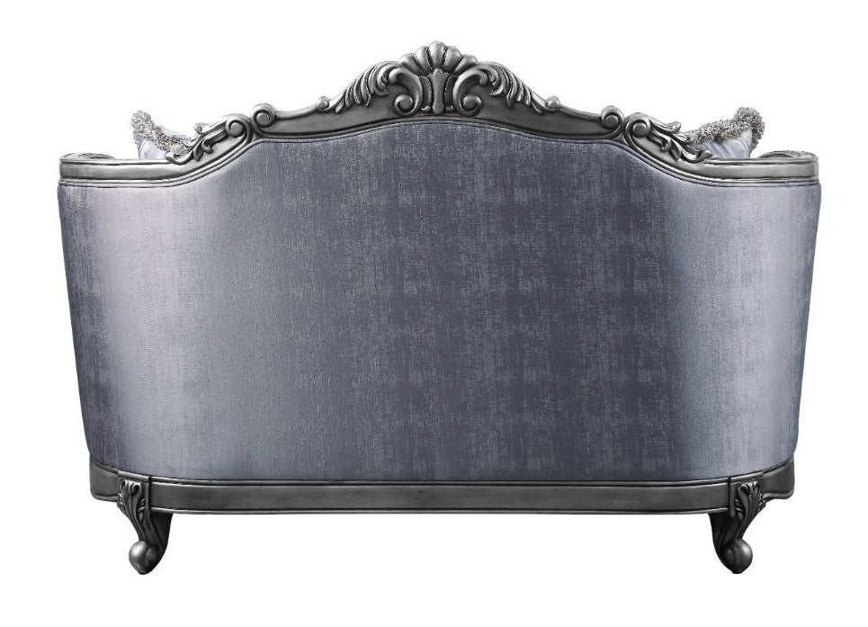 Acme 55346 Astoria grand welton ariadne platinum finish wood fabric love seat ornate accents tufted backs