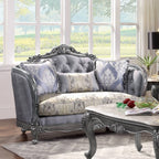 Acme 55345-46 2 pc Ariadne platinum finish wood damask printed fabric sofa and love seat set ornate accents tufted backs