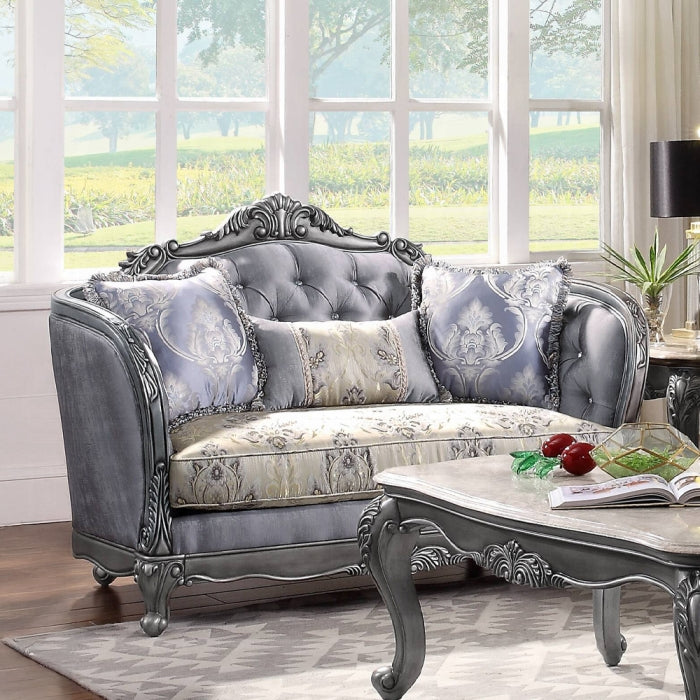 Acme 55345-46 2 pc Ariadne platinum finish wood damask printed fabric sofa and love seat set ornate accents tufted backs