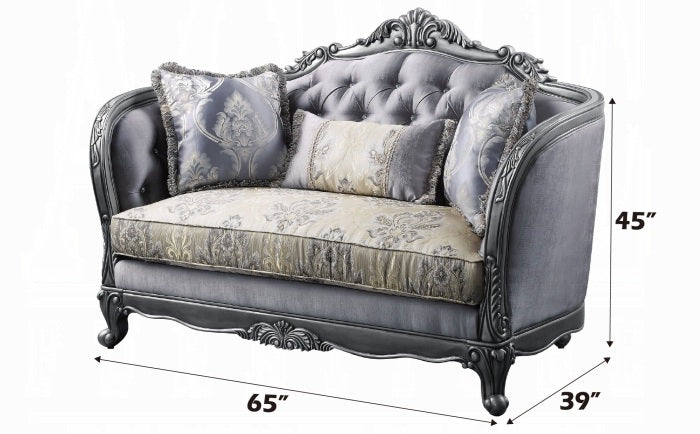 Acme 55345-46 2 pc Ariadne platinum finish wood damask printed fabric sofa and love seat set ornate accents tufted backs