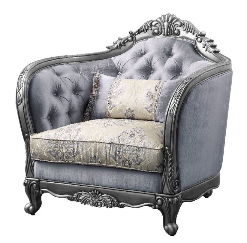 Acme 55347 Astoria grand welton ariadne platinum finish wood fabric accent chair ornate accents tufted backs