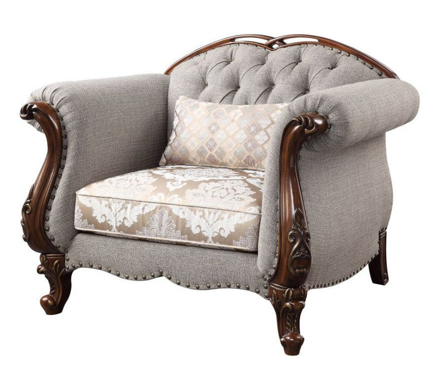 Acme 55367  Rosdorf park miyeon cherry finish wood fabric upholstery with tufted backs and carved accents oversized accent chair