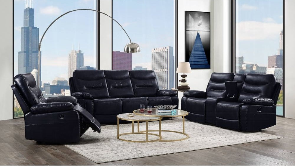 Acme 55370-71 2 pc Red barrel studio Aashi navy blue leather gel sofa and love seat with recliner ends