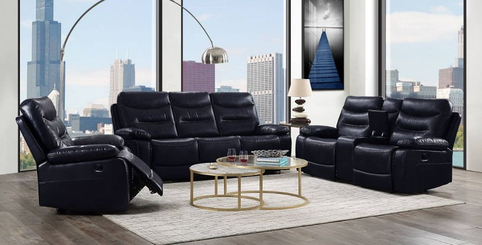 Acme 55370-71 2 pc Red barrel studio Aashi navy blue leather gel sofa and love seat with recliner ends