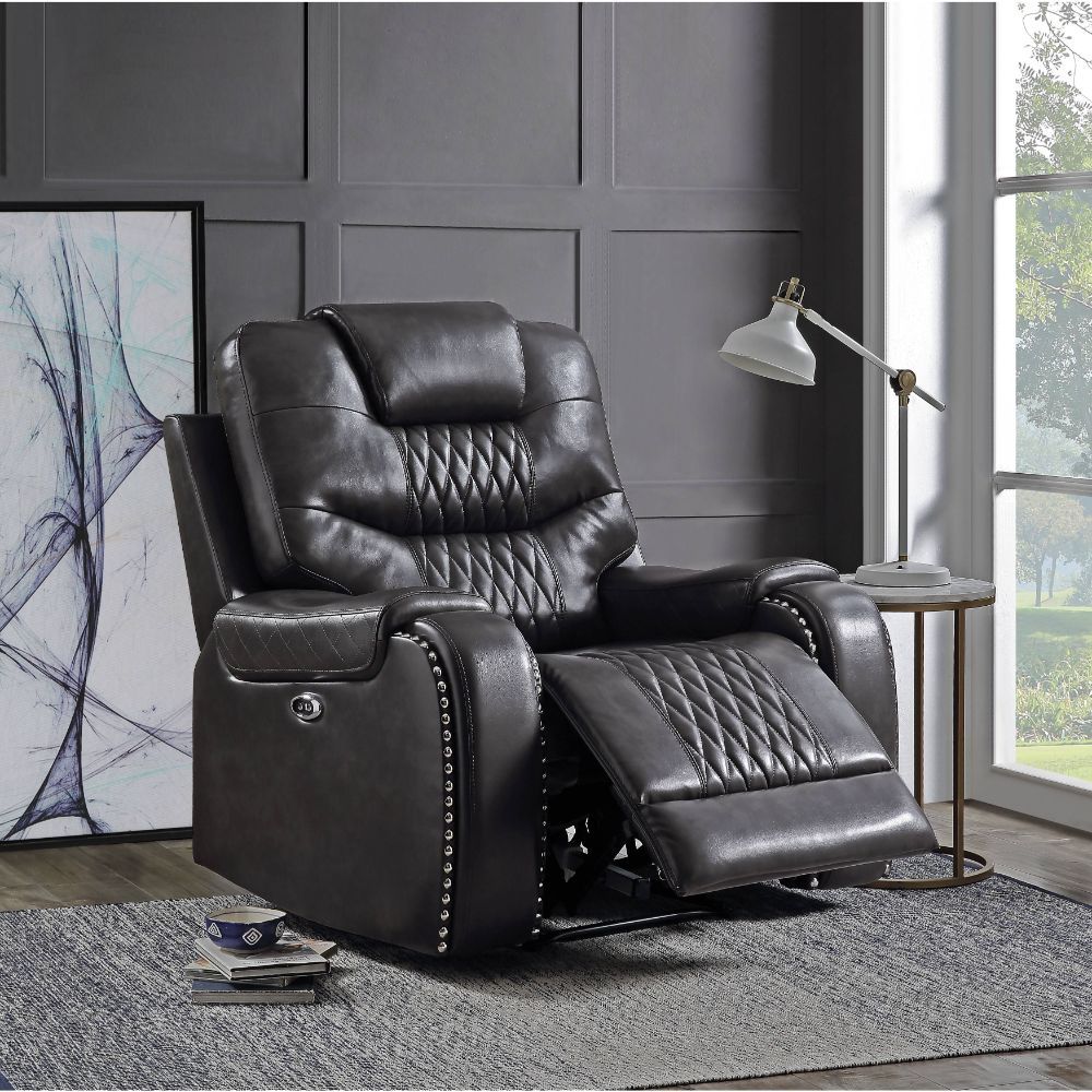 Acme 55413 Braylon magnetite faux leather power motion recliner chair with USB plugs and nail head trim