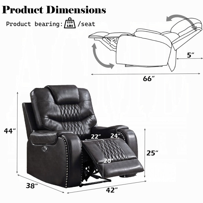 Acme 55413 Braylon magnetite faux leather power motion recliner chair with USB plugs and nail head trim