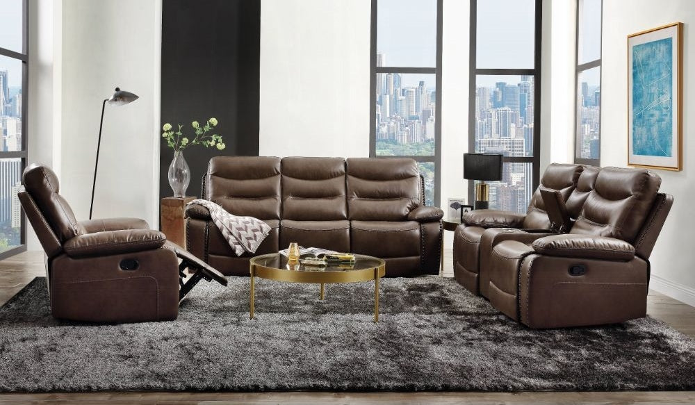Acme 55420-21 2 pc Red barrel studio swinford Aashi brown leather gel sofa and love seat set with recliner ends