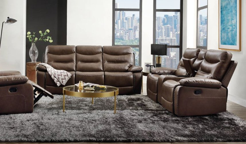 Acme 55420-21 2 pc Red barrel studio swinford Aashi brown leather gel sofa and love seat set with recliner ends