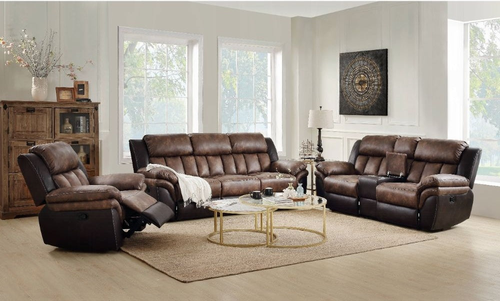 Acme 55425-26 2 pc Copper grove mudiyah Jaylen 2 tone toffee & espresso polished microfiber sofa and love seat set recliner ends