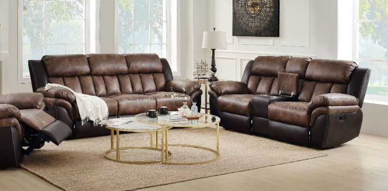 Acme 55425-26 2 pc Copper grove mudiyah Jaylen 2 tone toffee & espresso polished microfiber sofa and love seat set recliner ends