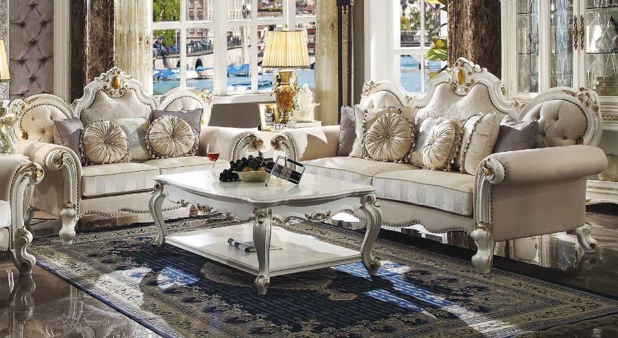 Acme 55460-61 Astoria Grand picardy antique pearl finish wood carved accents sofa and love seat set