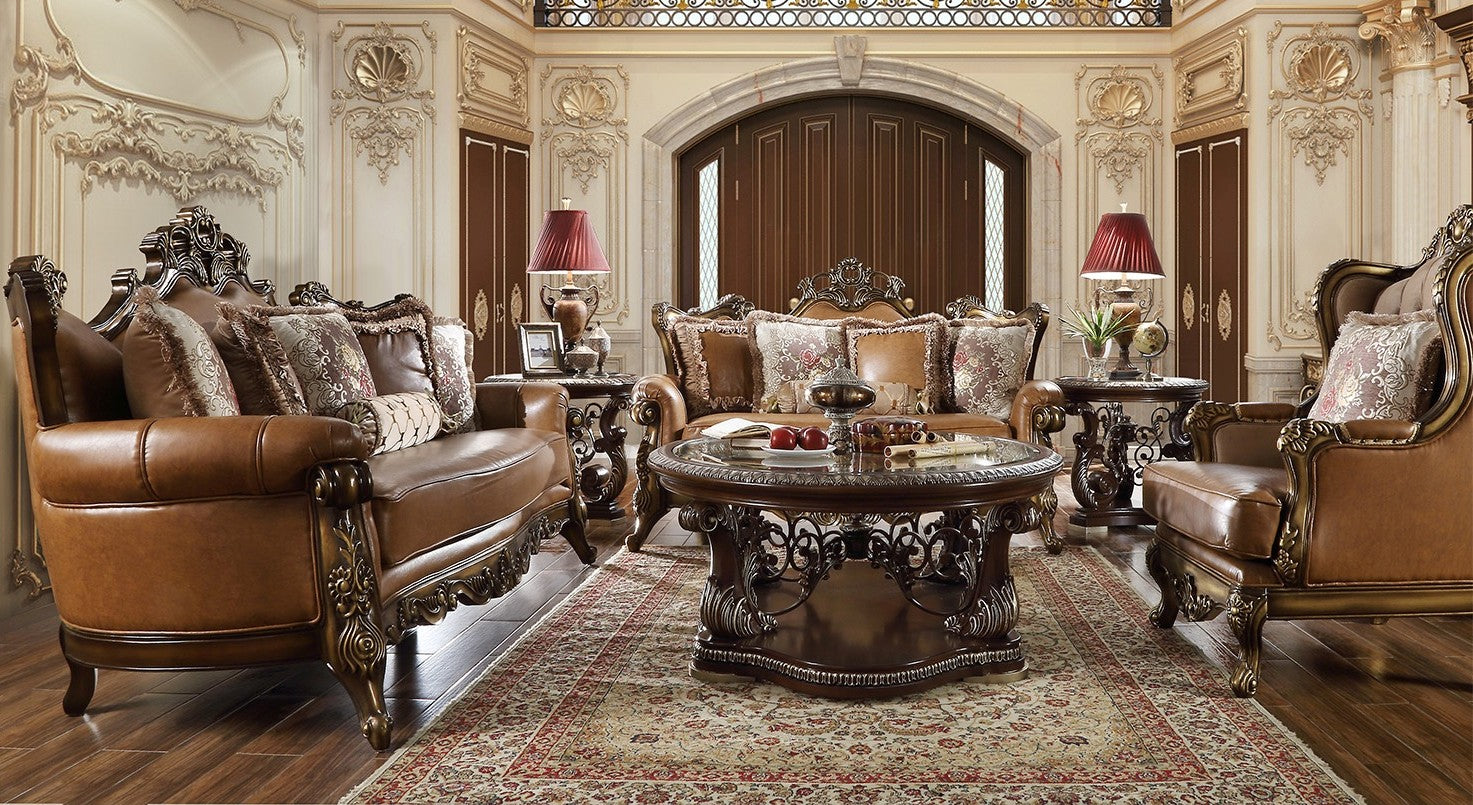 HD-555-2PC 2 pc Rich carmel leather upholstery carved back and arms sofa and love seat