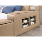 Zoya Caramel Faux Leather Modern Queen Bed with Massage Lounge, Bluetooth Speakers & Reading Lights
