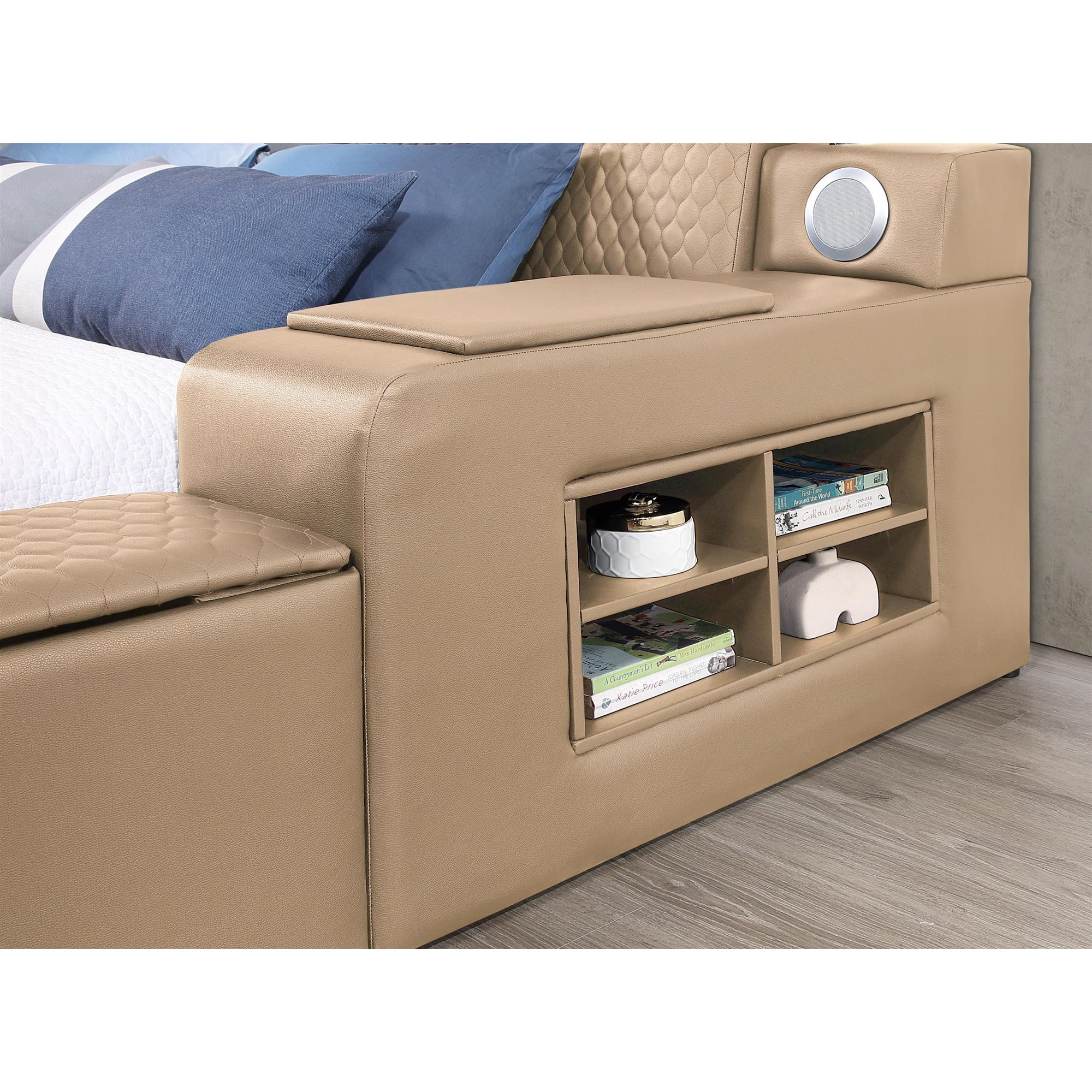 Zoya Caramel Faux Leather Modern Queen Bed with Massage Lounge, Bluetooth Speakers & Reading Lights