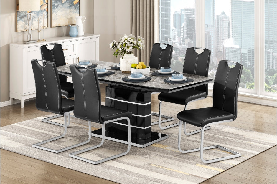 Black High Gloss Sintered Gray Stone Top Modern Dining Table Set – 5599N-71-7PC