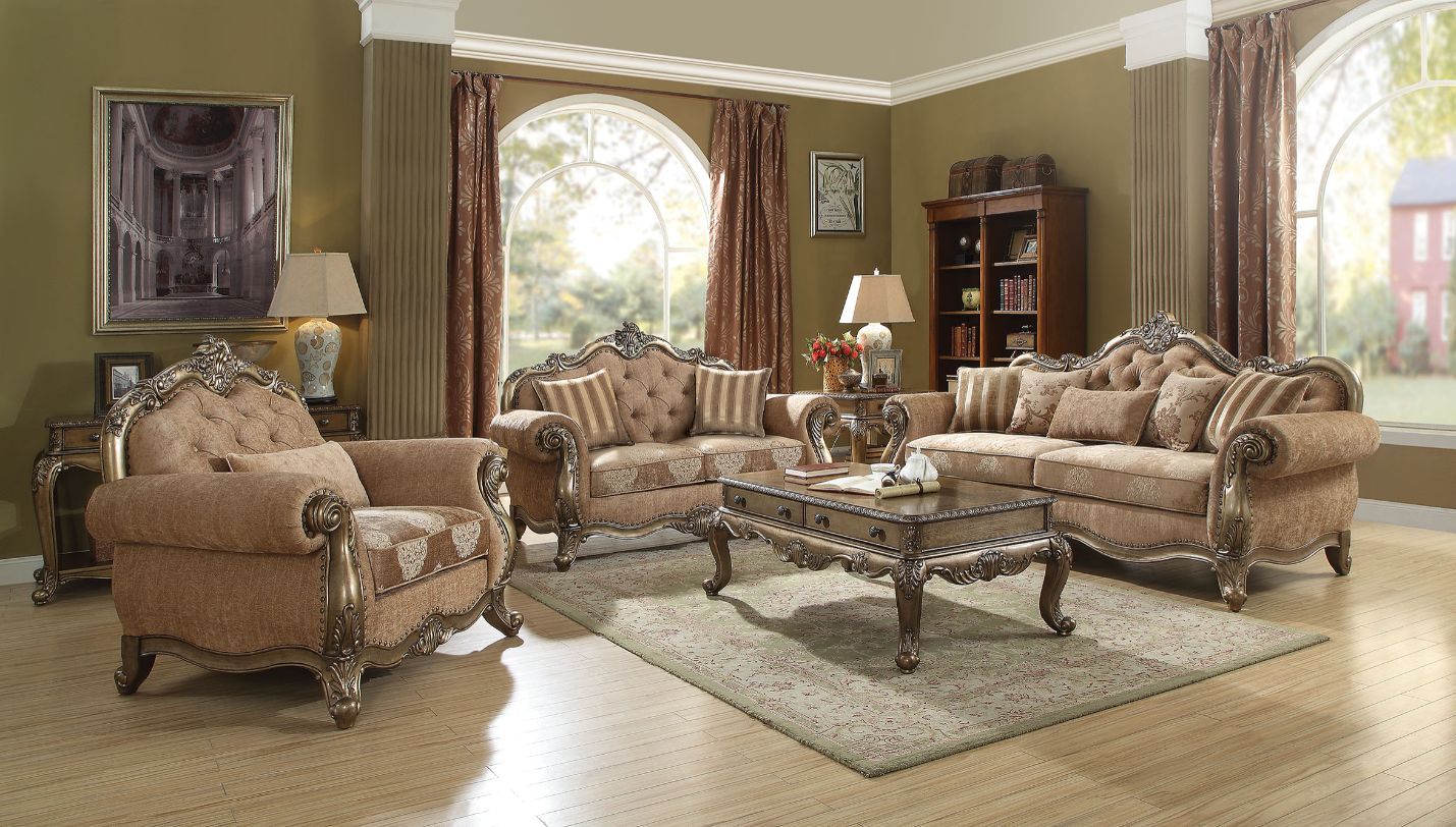 Acme 56030-31 2 pc Rosdorf park lorentz ragenardus vintage gold finish wood brown fabric tufted sofa and love seat set