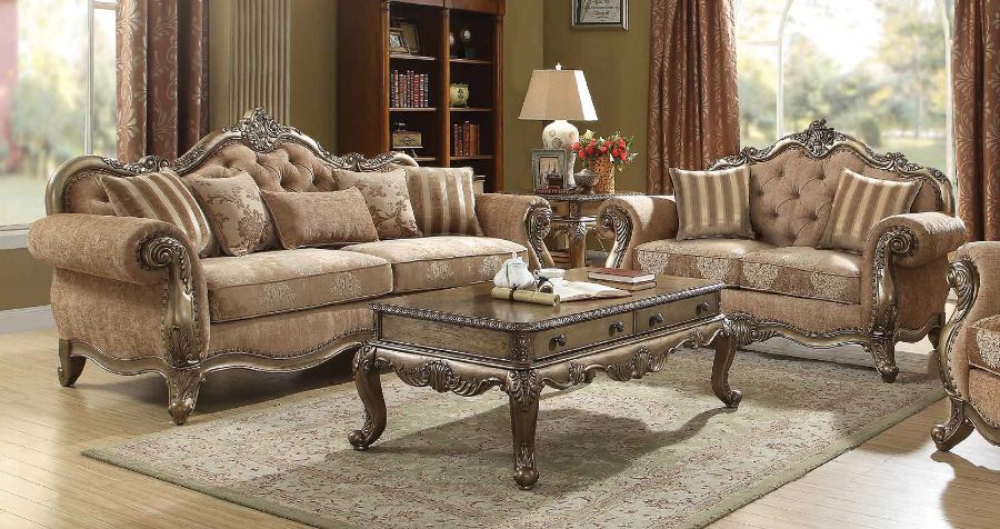 Acme 56030-31 2 pc Rosdorf park lorentz ragenardus vintage gold finish wood brown fabric tufted sofa and love seat set